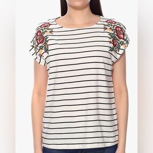 Chico’s Striped Floral Beaded Boxy Fit T-shirt Women XL Black/White